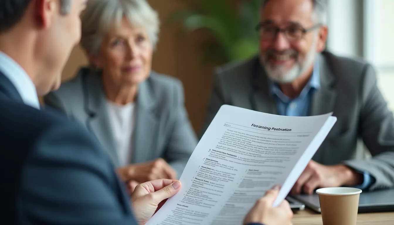 Close-up view of a financial adviser explaining documents to a senior homeowner