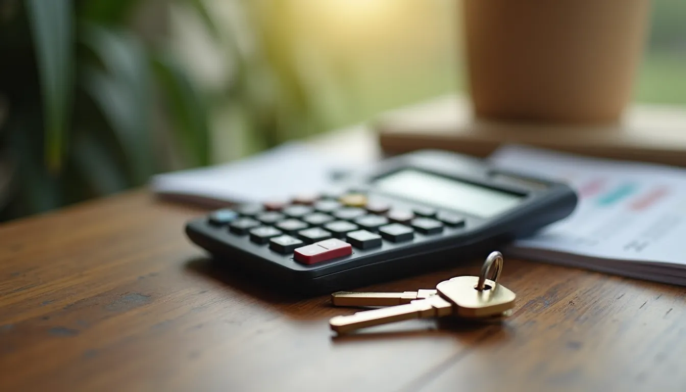 Close-up view of a calculator and house keys on a wooden table