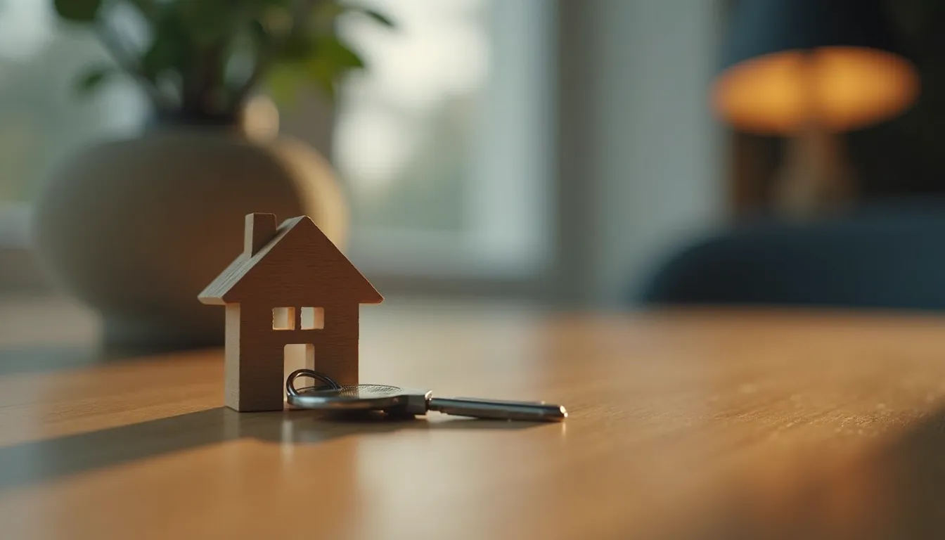 Close-up view of a house key on a wooden table