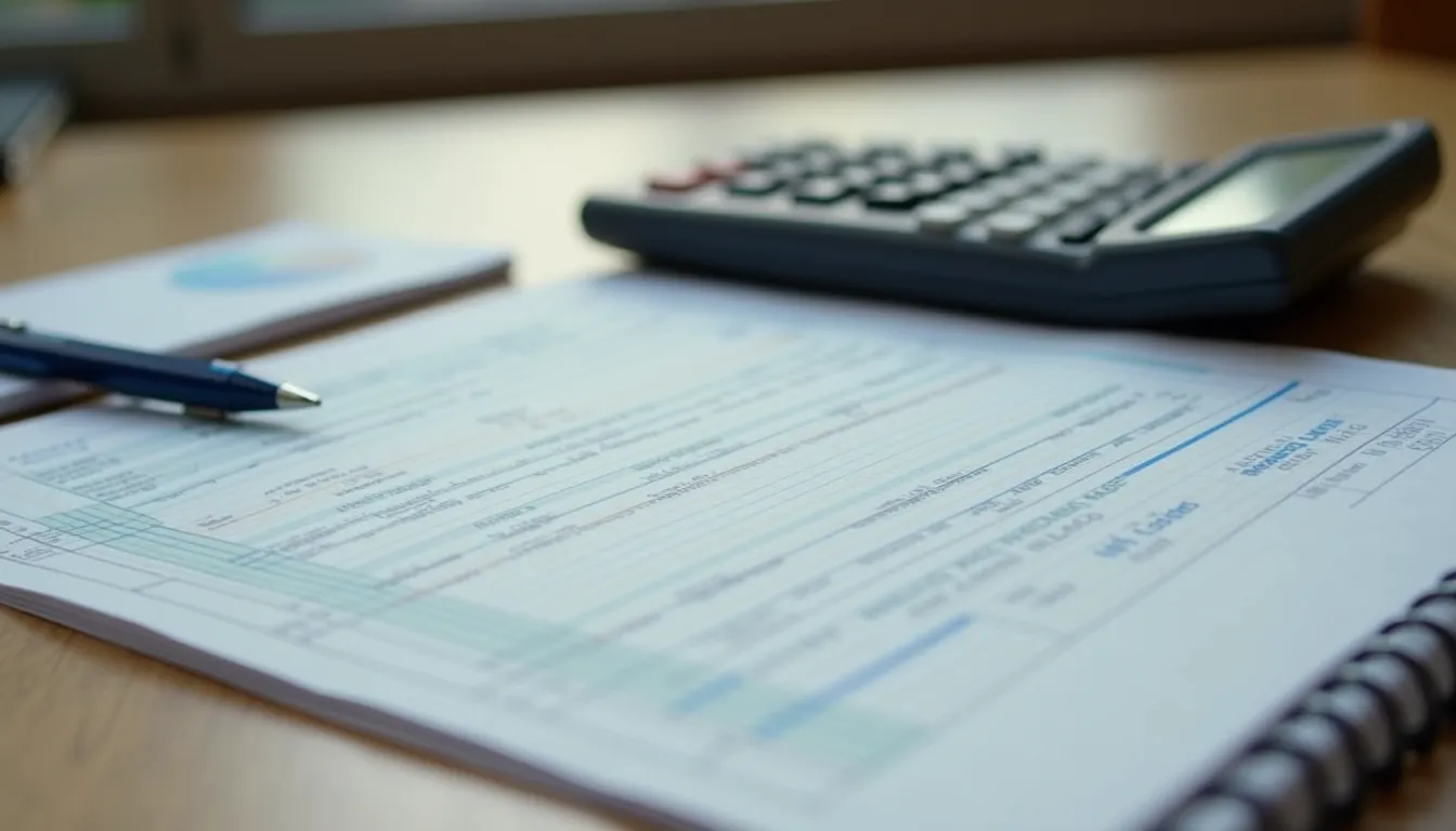 High angle view of a calculator and budget planner on a table