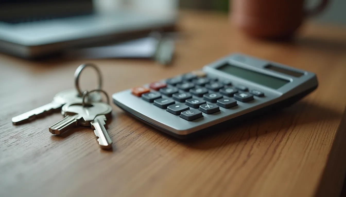 High angle view of a calculator and house keys on a wooden table