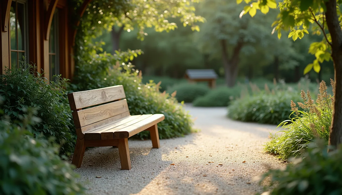 High angle view of a peaceful garden with a comfortable bench and greenery