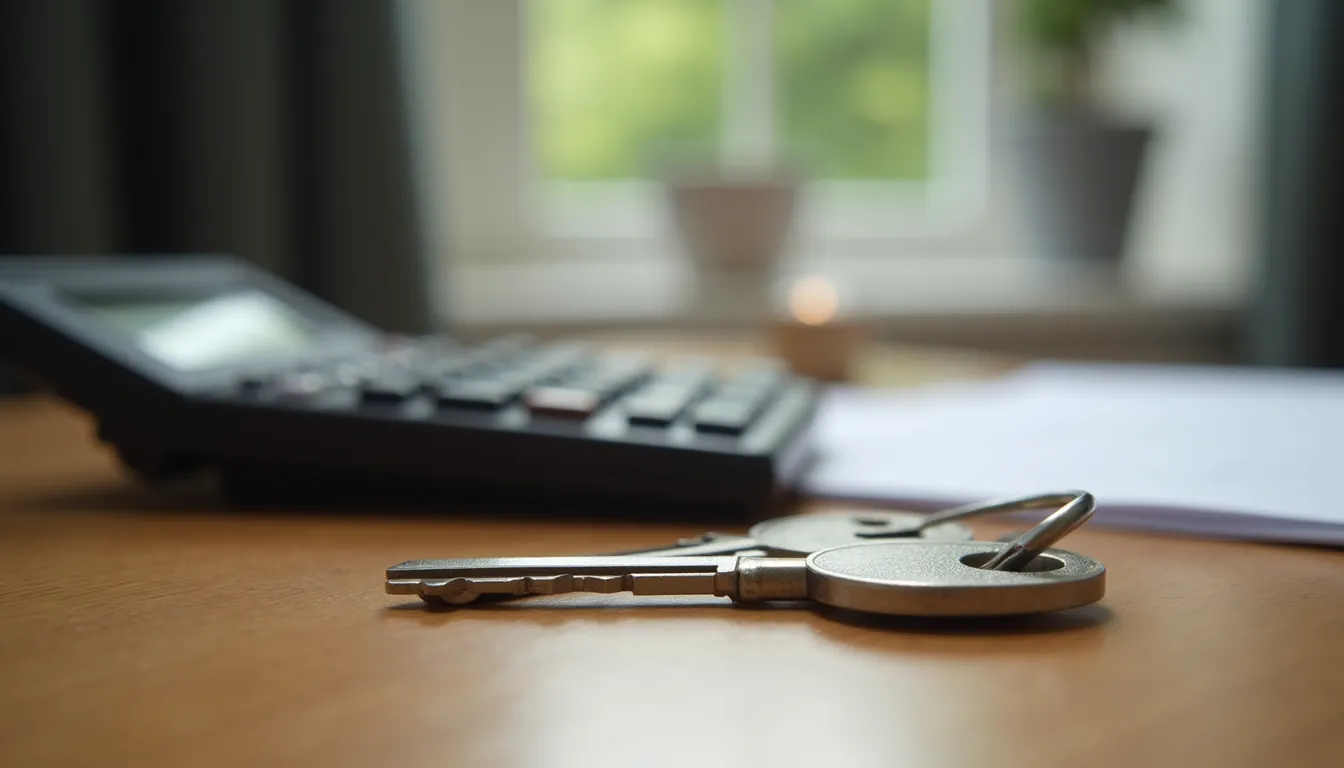 Close-up view of a calculator and house keys on a wooden table