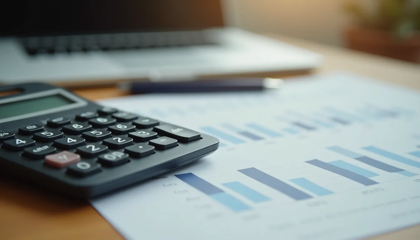 Close-up view of a calculator and financial documents on a wooden desk